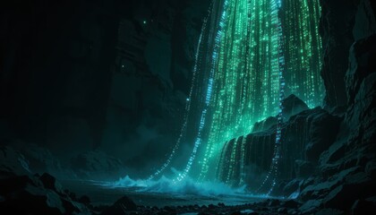 Fototapeta premium Cave Waterfall of Light; Data Cascade; Digital Flow