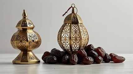 Muslim lamp, dates and prayer beads on table background.
