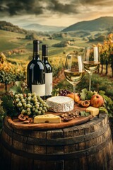 Fototapeta premium Bottle of wine, glass and grapes on a vineyard background