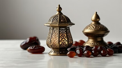 Muslim lamp, dates and prayer beads on table background.