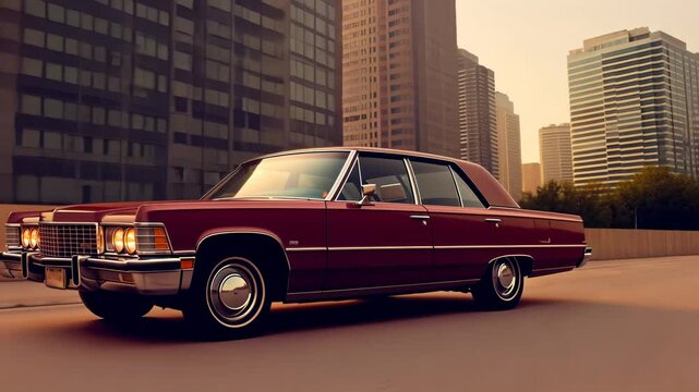 Expesive retro car in 70s style on the urban street with orange sky