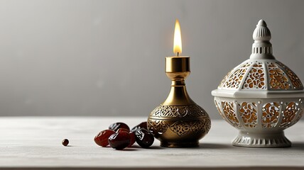 Muslim lamp, dates and prayer beads on table background.