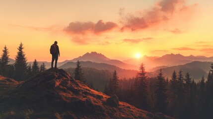 Fototapeta premium A hiker reflecting on a breathtaking sunset over mountains forest landscape scenic viewpoint nature's beauty outdoor adventure serenity