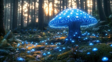Glowing Blue Mushrooms Enchant a Mystical Twilight Forest with Ethereal Lighting and Luminous Flora