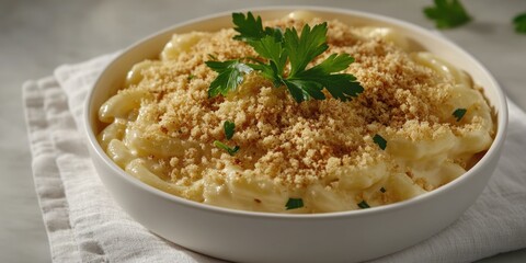 Macaroni and cheese casserole served in a white dish, garnished with parmesan crumbs.