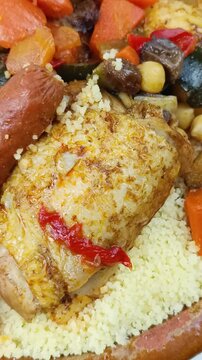gros plan sur un plat du couscous au poulet et merguez