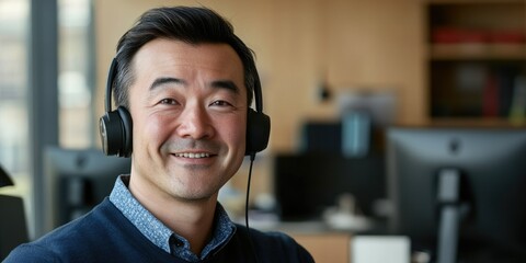 An individual wearing headphones, seated in an office environment with a desk and workspace, likely focused on a task requiring concentration. Bookshelf filled with various items can be seen in the