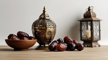 Muslim lamp, dates and prayer beads on table background.