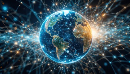 Obraz premium Global network connections, Earth, digital connections, glowing network