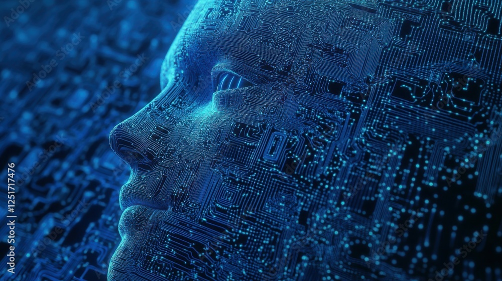 Poster a human face with ai text on a blue background made from a digital circuit for a web banner.