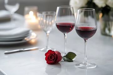 Romantic candlelit dinner for two with red wine and roses creating an intimate and cozy atmosphere perfect for Valentine's Day or a special occasion