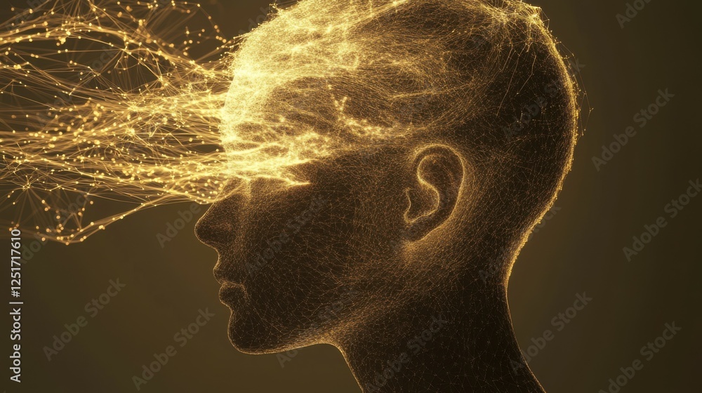 Poster visually represent the flow of data or light in the form of a human, add digital patterns or flows a