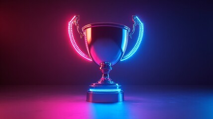A shiny trophy with vibrant blue and pink lighting, symbolizing victory and achievement in a competitive context.