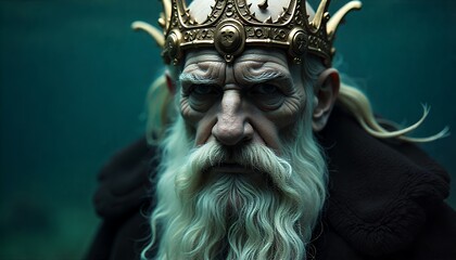 Intense Portrait of an Elderly King with Crown and Long Beard