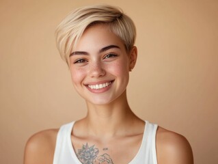 The image showcases a woman with short hair and visible tattoos, who is smiling brightly at the camera. She has a clean and modern appearance, with her skin glowing in the light. Her style seems