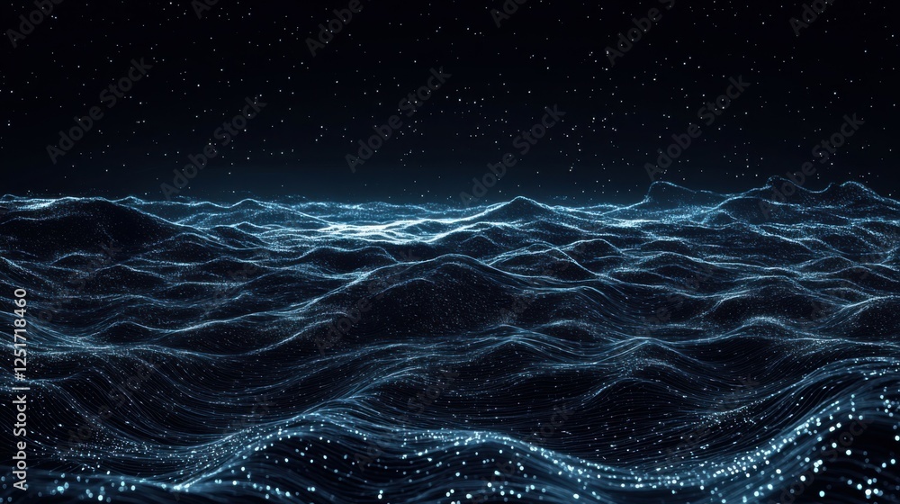 Poster digital horizon: glowing waves of data flow across a dark expanse, representing the vastness and pot