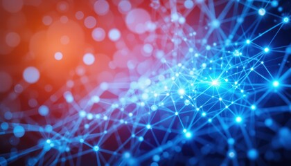 Obraz premium Abstract network graphic with glowing connections in a dark background with bokeh lights