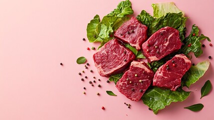 Fresh cuts of red meat laid on leafy greens against a pink background, highlighting vibrant colors and textures.