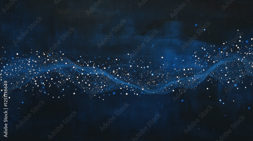 Poster a blue line with many small dots and stars. the dots and stars are scattered throughout the line, cr