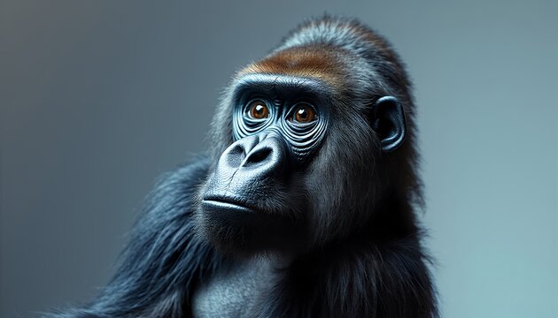 Close-up Portrait of a Gorilla Looking Up with Curious Expression