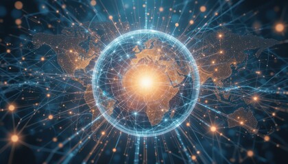 Global network connection, digital world map, data flow, glowing sphere, futuristic background, website banner