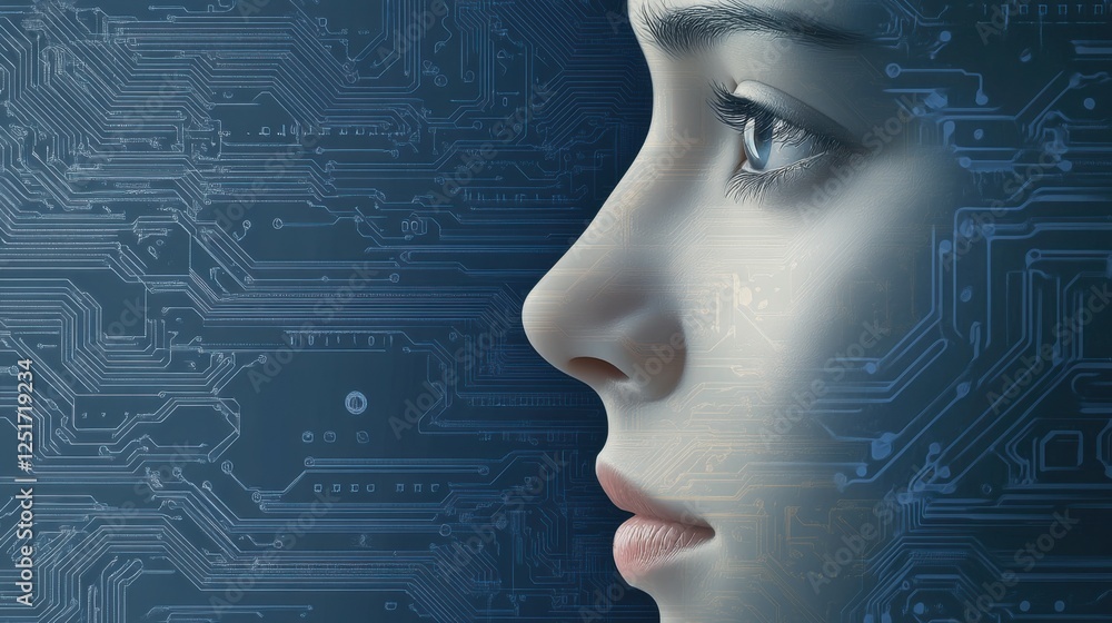 Poster a human face with ai text on a blue background made from a digital circuit for a web banner.