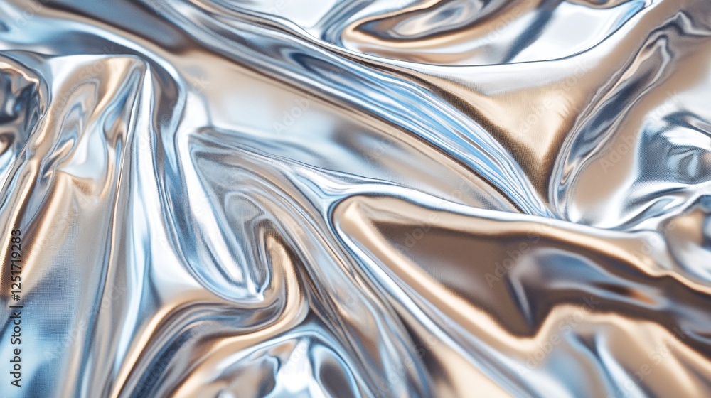 Poster a close-up of smooth, shiny fabric with flowing textures in silver and metallic tones, creating an e