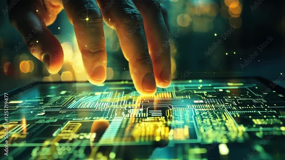 Poster hand interacting with futuristic holographic interface displayed on tablet, exploring digital inform