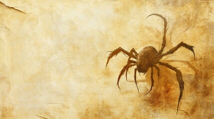 A sinister spider illustration crawls across vintage parchment background