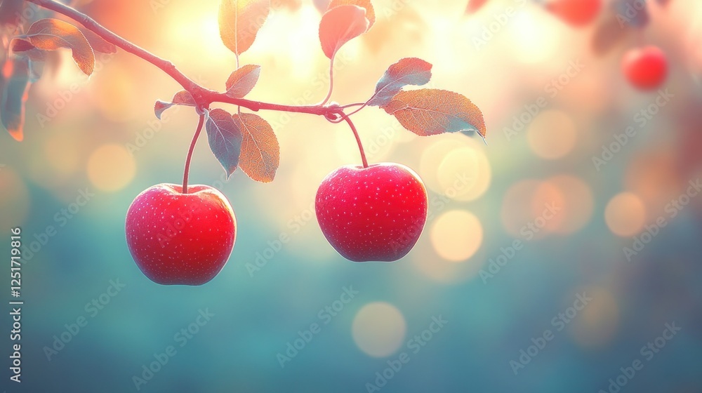 Poster orchard sunset two red apples on branch, bokeh background