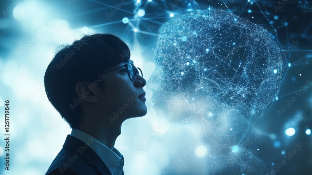 Poster ai or artificial intelligence concept. businessman using computer use ai to help business and used i