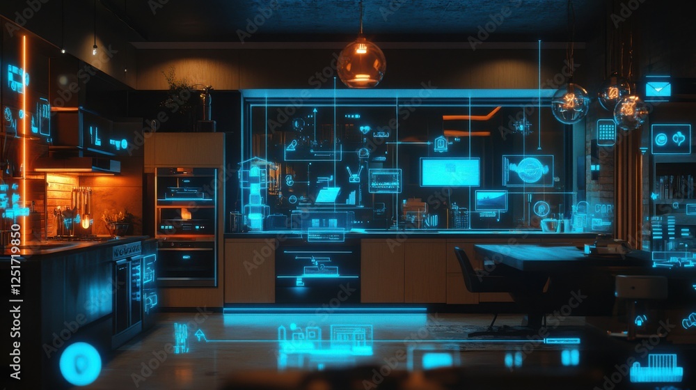Poster illustrate the concept of the internet of things with an image of a smart home, featuring various co
