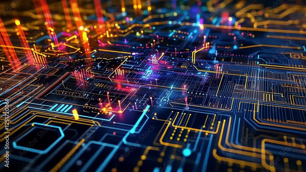 Poster complex network of interconnected circuits and nodes transmitting data, visualized with vibrant neon