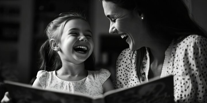 A heartwarming image of a mother and child sharing a reading moment, capturing the essence of family bonding over literature. The mother smiles while holding the book, indicating her joy in