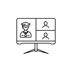Virtual Classroom, Outline icon of virtual classroom with computer and students.