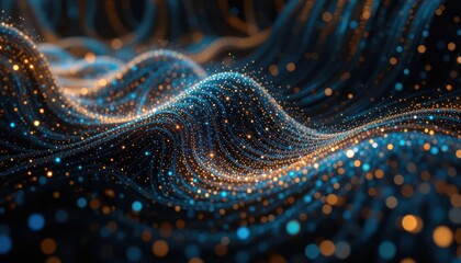 Abstract digital wave, glowing particles, dark background, technology concept