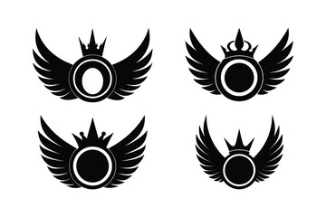 Black winged emblems, silhouette vector, on white background