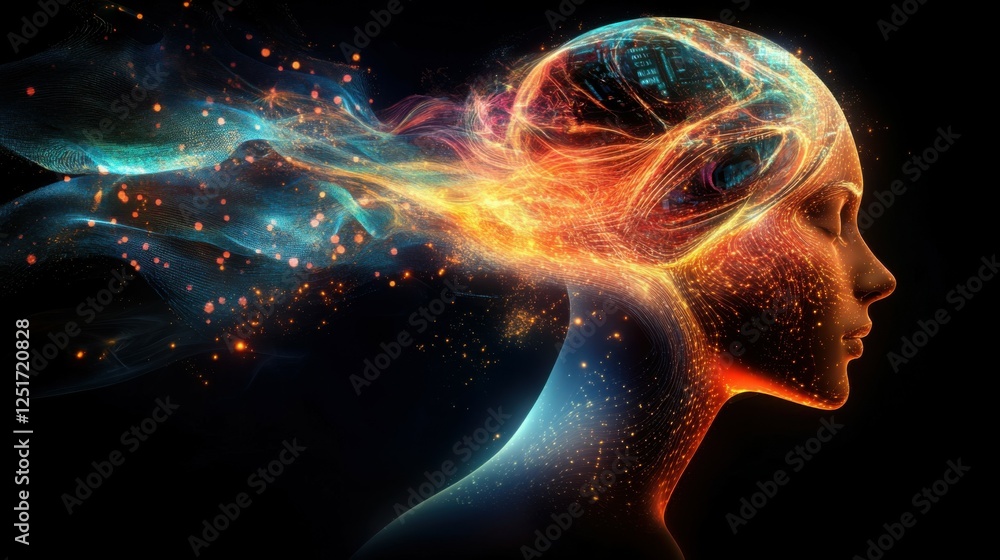Poster visually represent the flow of data or light in the form of a human, add digital patterns or flows a