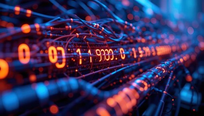 Obraz premium Data flow, complex network, glowing numbers, futuristic background