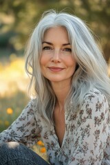 Fototapeta premium The image depicts a woman with silver hair, wearing a floral blouse and sitting on the ground in what appears to be an outdoor setting. She has a serene expression and is looking directly at the