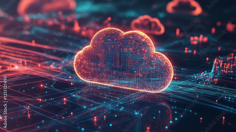 Poster abstract representation of cloud computing with a glowing cloud symbol composed of data and surround