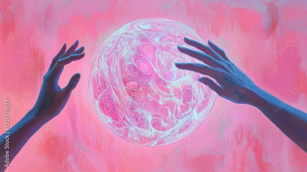 Poster two hands reach towards a digital sphere of abstract patterns against a pink background.