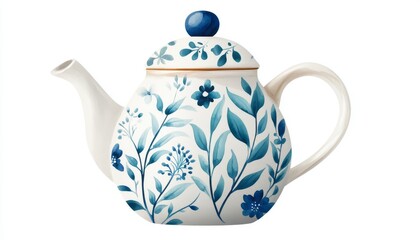delicate watercolor teapot adorned with blue floral patterns, perfect for tea lovers