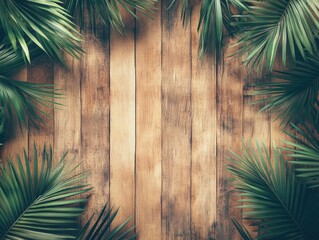 This image showcases a tropical theme wood wall decor with palm leaves, which can be used as a backdrop or accent piece in various interior spaces to bring a touch of the beach into any room.