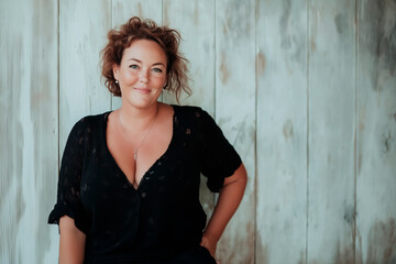 Fototapeta premium A woman of about 45 years old, beautiful, tall and shapely, dressed in a black dress