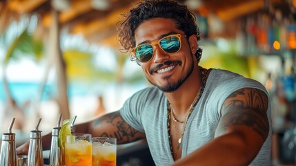 Man enjoying tropical drinks at a beachside bar during a sunny day in a vibrant coastal setting