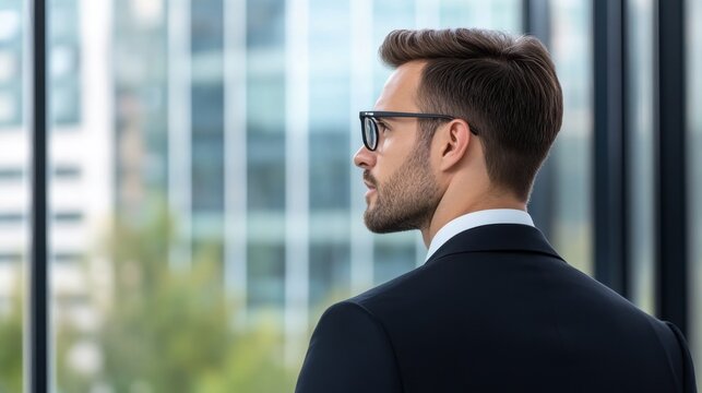 Thoughtful businessman in formal suit gazing out of modern office window contemplating future success and decisions - Powered by Adobe