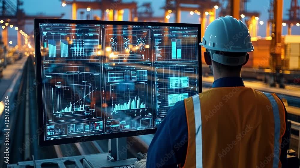 Poster port engineer wearing safety helmet and vest working on computer showing statistics with cargo crane