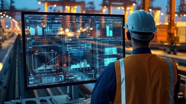 Port engineer wearing safety helmet and vest working on computer showing statistics with cargo cranes and containers in the background in the evening