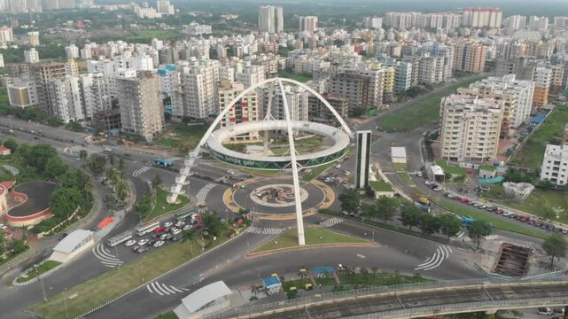 Kolkata Biswa Bangla New Town Sector 5 Salt Lake view drone footage aerial view. Indian roads and landmarks of subcontinent empty roads.